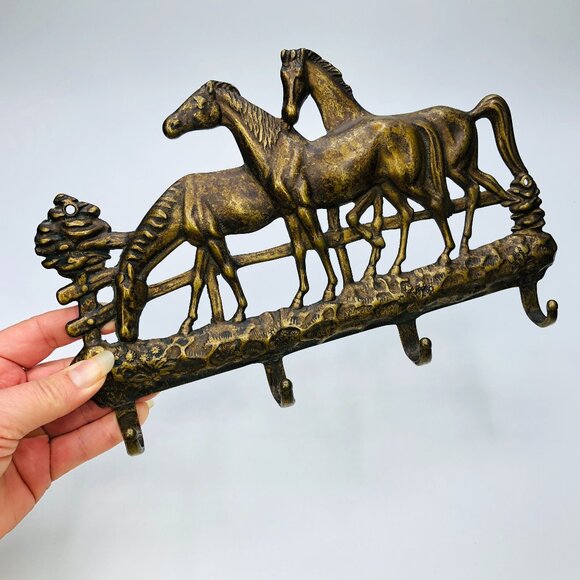 Vintage Brass Wall Hanging Hooks Country Ranch Horses Key Holder- Entryway Decor - Picture 1 of 12